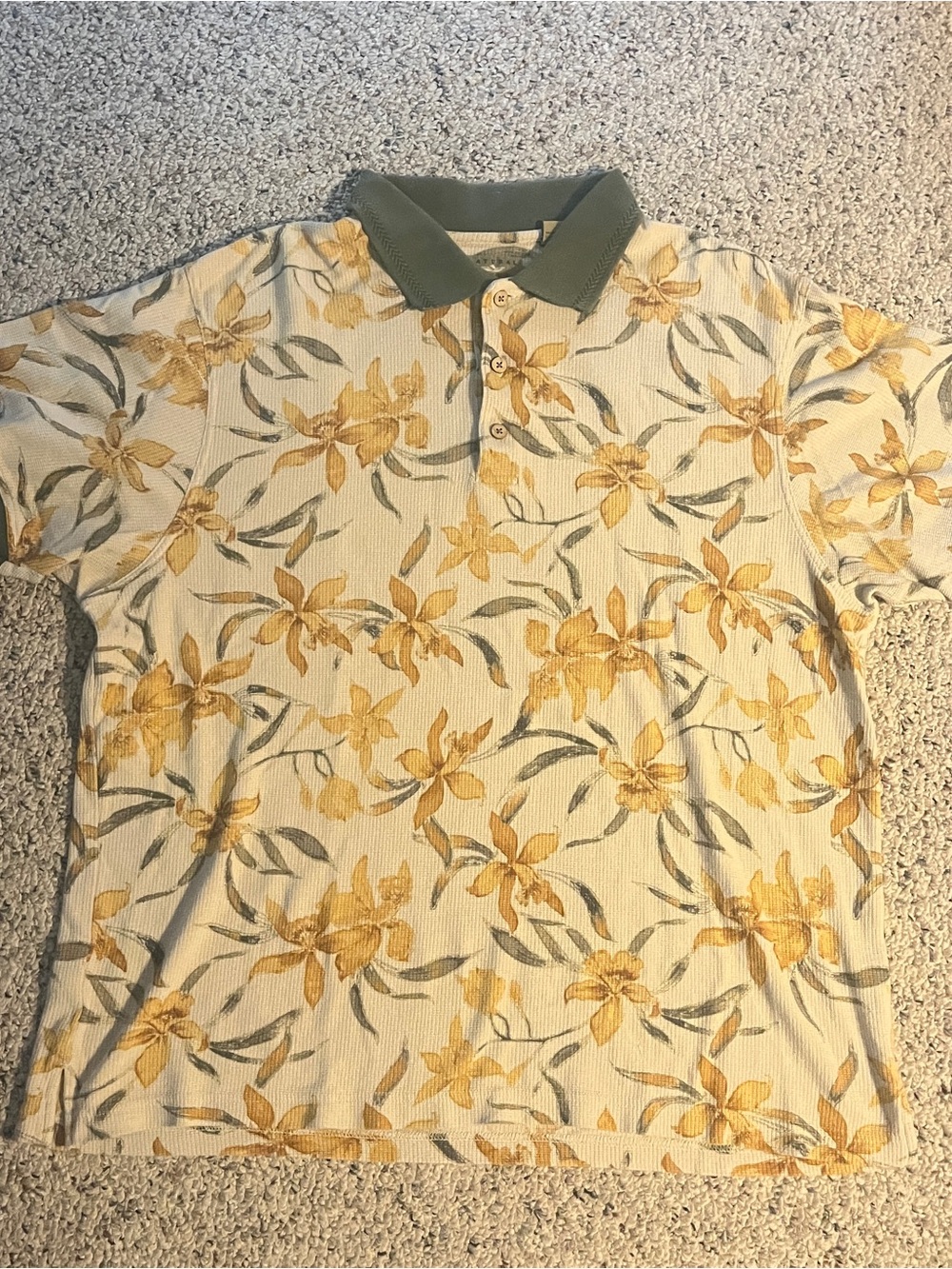 Men's XL Natural Issue Yellow Floral Polo Hawaiian Shirt with Green Collar
